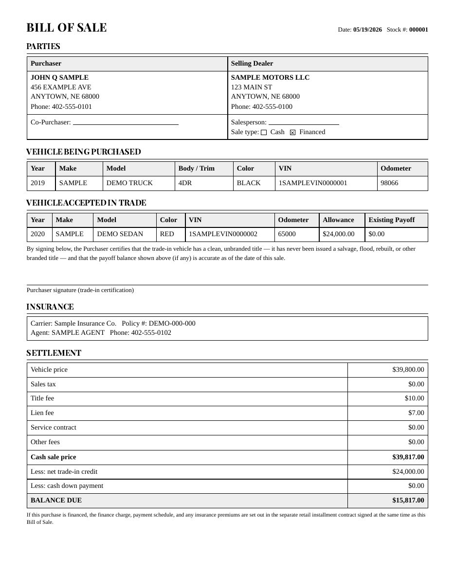 Bill of Sale page 1