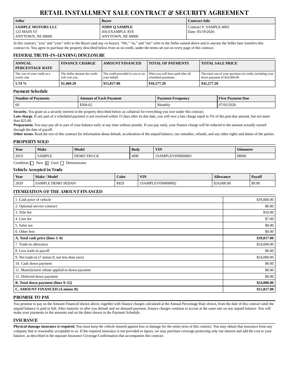 Retail Installment Sales Contract page 1