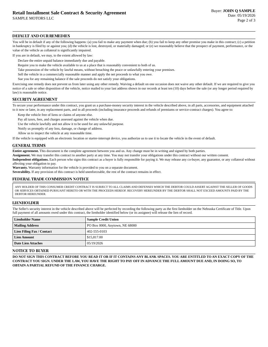 Retail Installment Sales Contract page 2