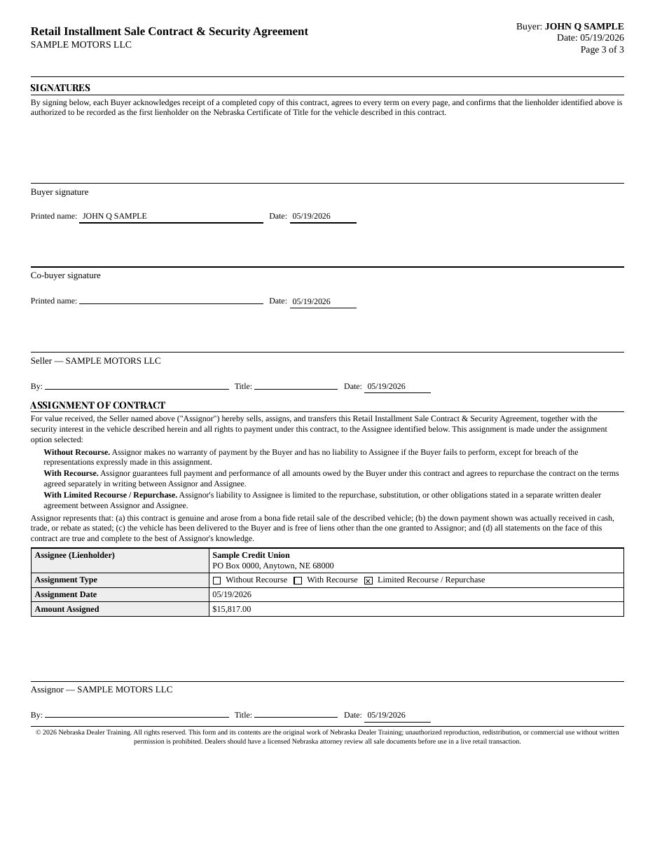 Retail Installment Sales Contract page 3