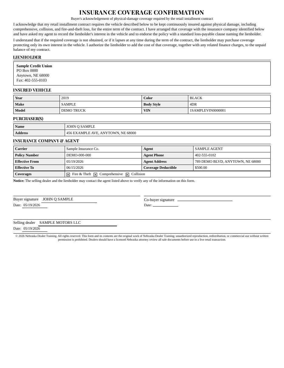 Insurance Coverage Confirmation page 1
