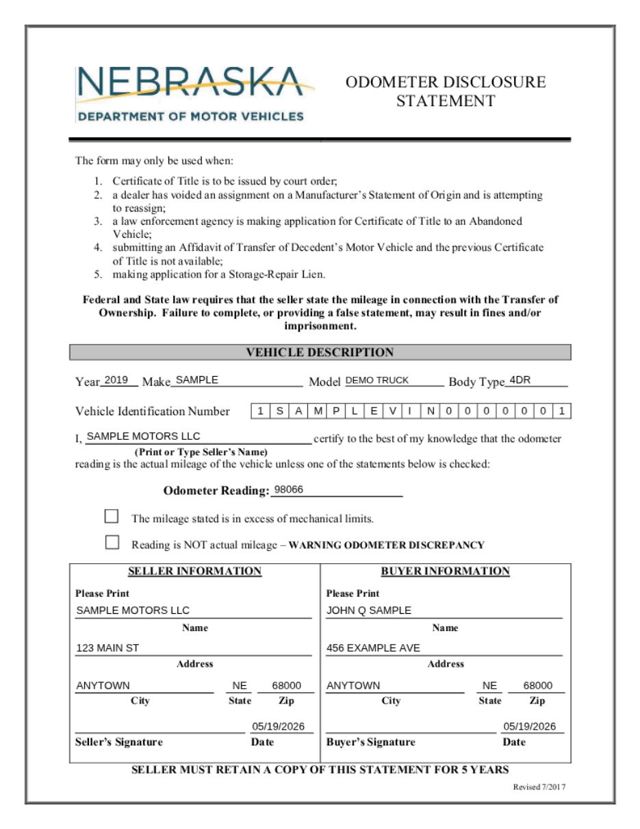 Odometer Statement page 1